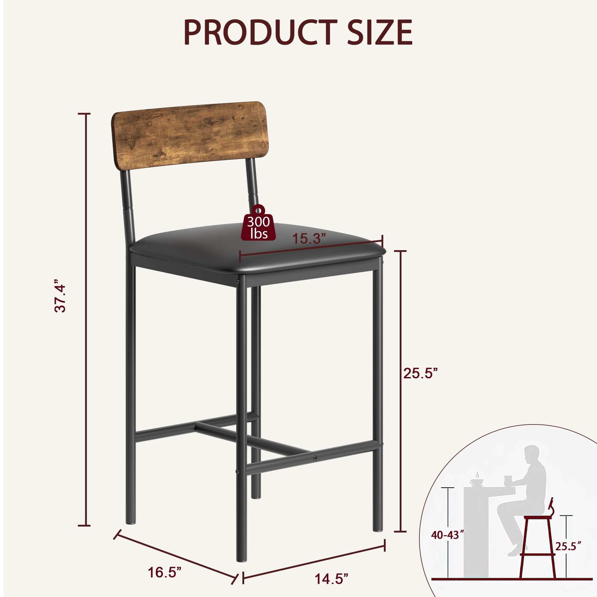 Maritcute Bar Stools Set of 4, Kitchen Bar Stools with Footrest, PU Upholstered Counter Height Barstools, Bar Chairs with Back for Kitchen Island, Apartment, Counter Bar, Easy Assembly