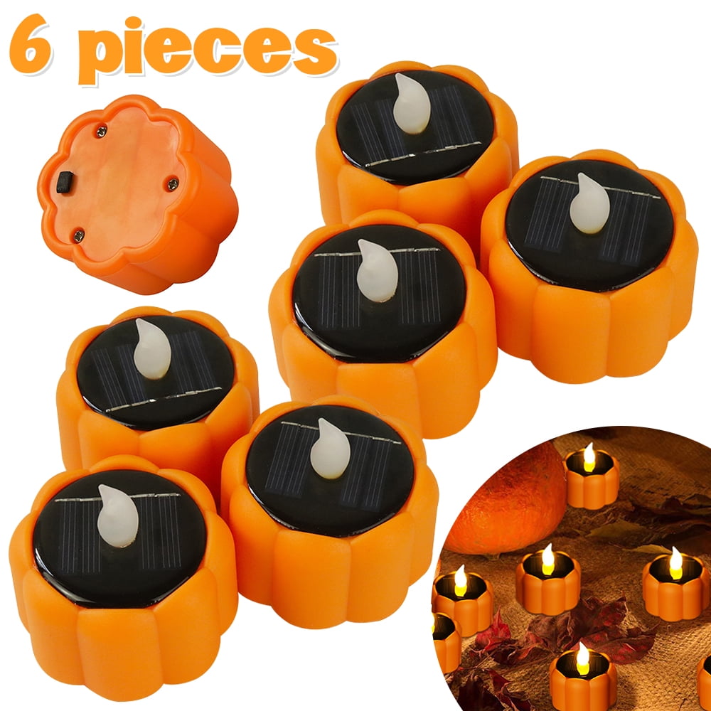 AMERTEER 6 Pack 2.5 Inch Pumpkin Solar Lantern Tea Lights Candles