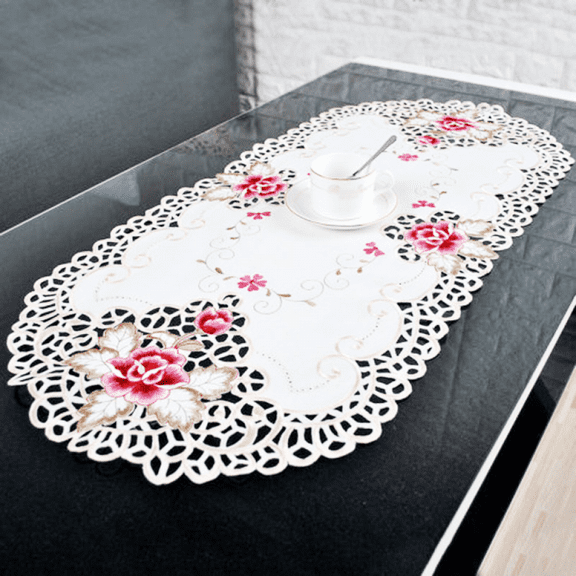 QIFEI Floral Embroidered Lace Table Runner, Oval Country Style Runners Cabinet Dining Room Table Decoration 40*85cm
