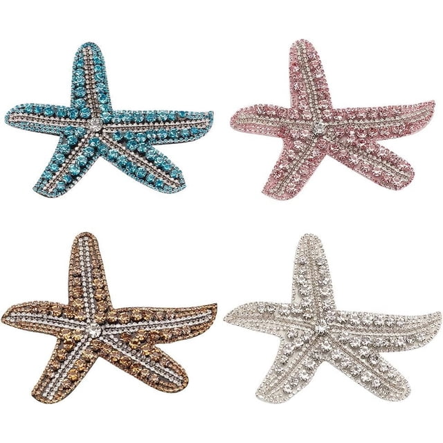 4 parches de lentejuelas con diamantes de imitación y estrellas de mar brillantes para decoración, parche de tela con estrellas de mar para coser, apliques de concha de estrella de mar
