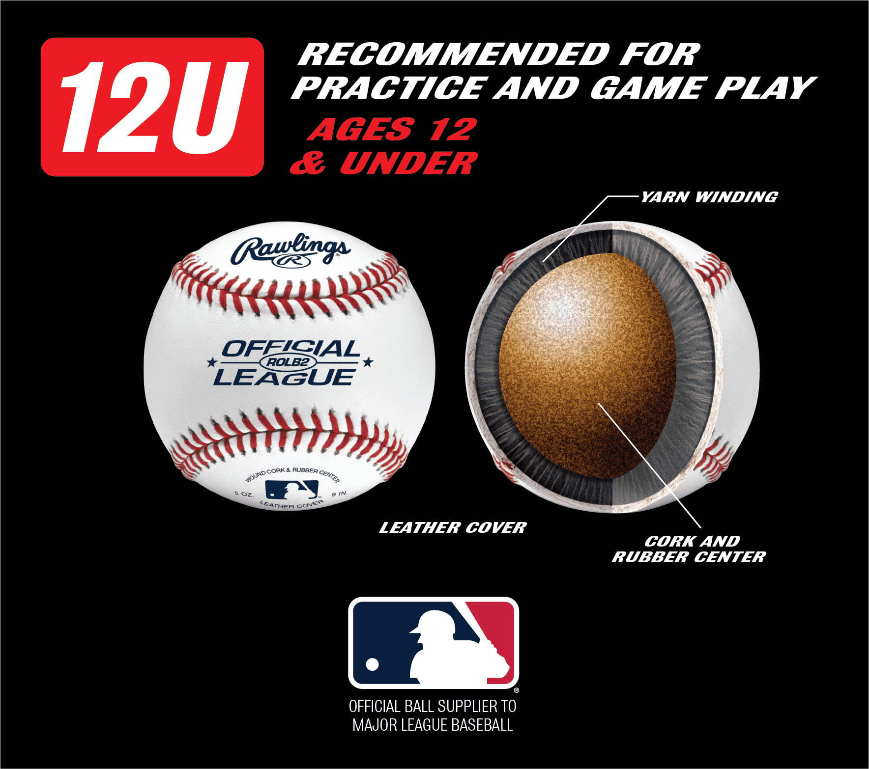 (6 pack) Rawlings 12U ROLB2 Youth Baseball, 1 Count