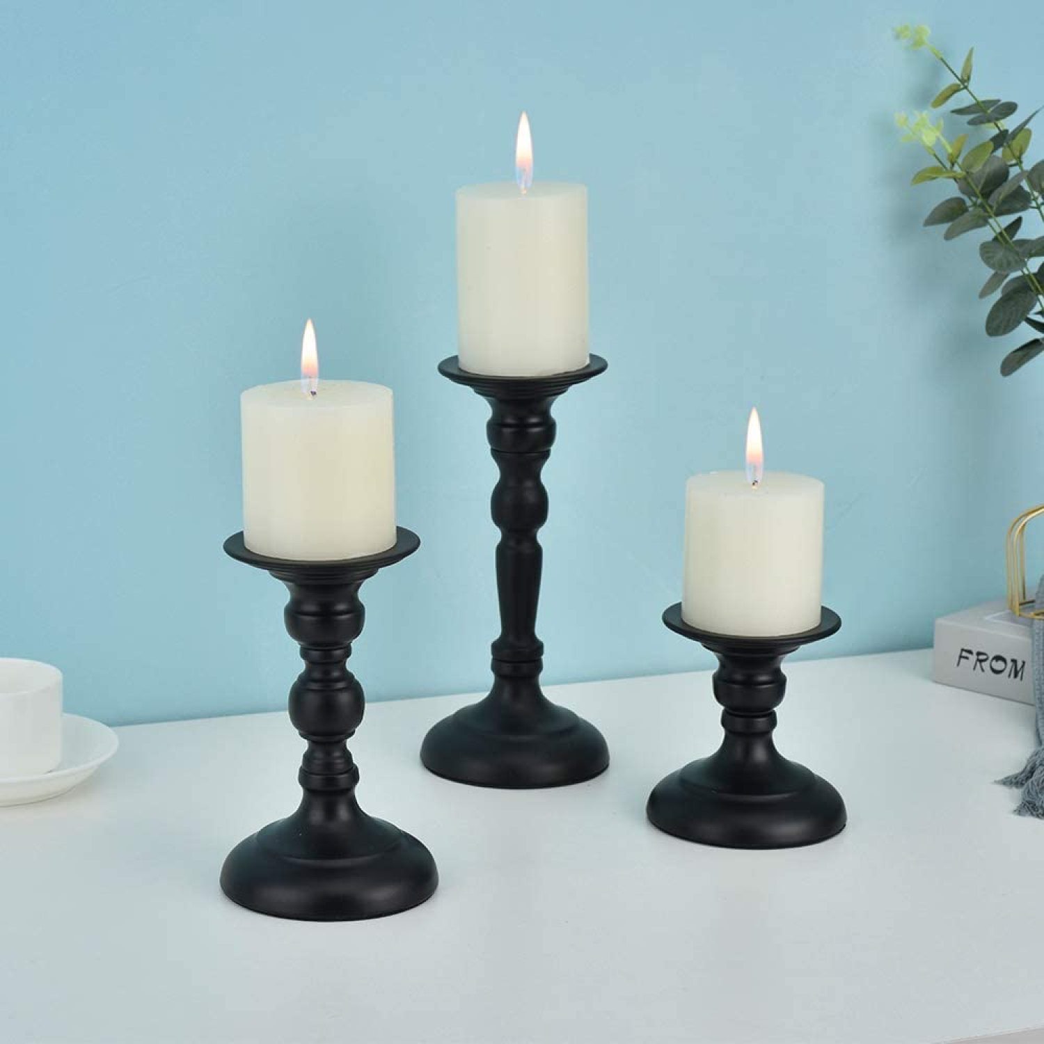 Black Candle Holders Set of 3, Metal Candle Holders for Pillar Candles