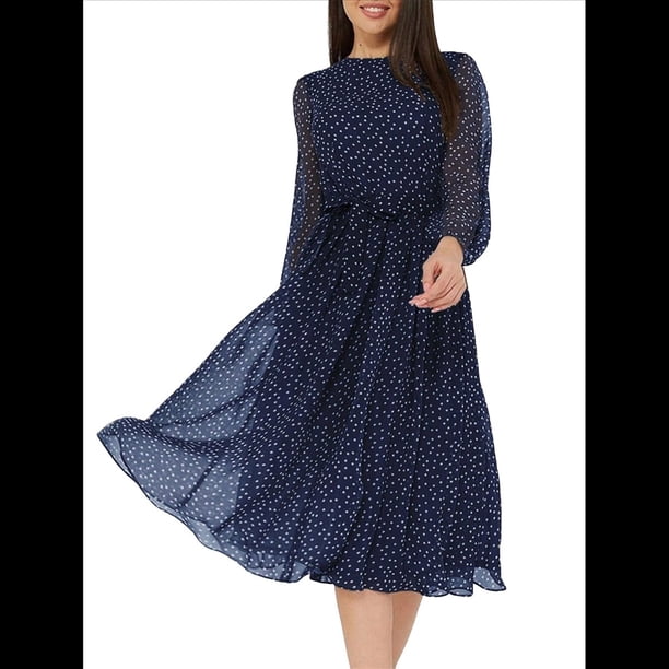 Vestidos Largos Informales de Larga con Cuello Redondo, Corte A, con Estampado Floral, Estilo Bohemio, para Invitadas de Boda, para Mujer, Otoño 2025 Azul Marino M