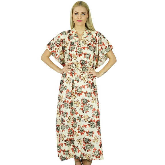 Bimba Women Long Maxi Kaftan White Cotton Caftan Floral Gown