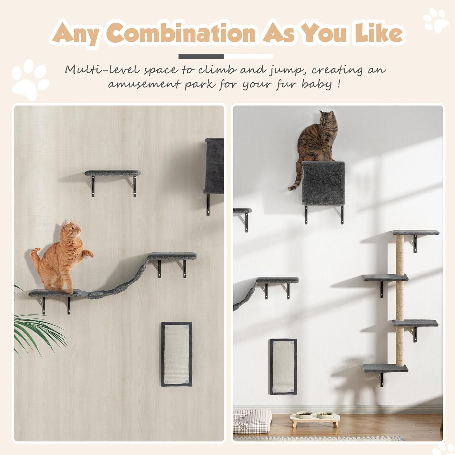 Cat Wall Shelves, Wall-Mounted Cat Climber Set of 5, Floating Cat Perches, Hanging Cat Beds, Modern Cat Furniture for Large Cats or Kitty (Grey)