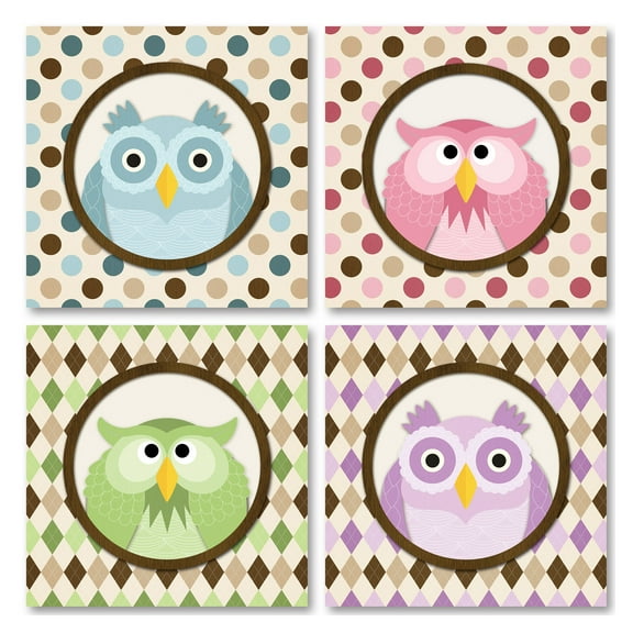 O Is for Owl" 8x8 Cute Pastel Animal Art Prints Polka Dot and Argyle, Set of 4 8x8 Posters