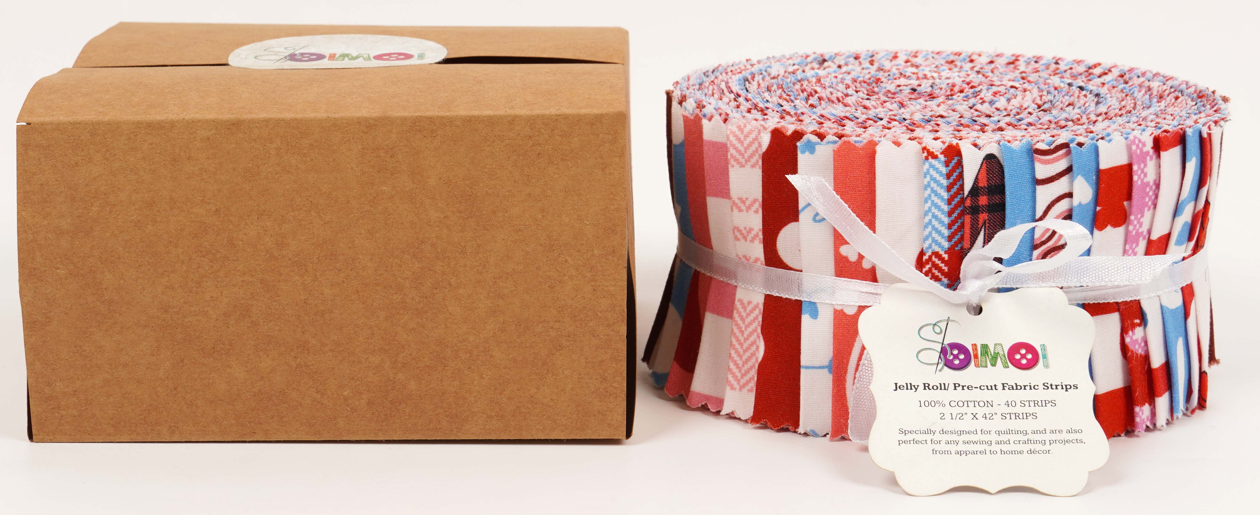 Soimoi 40Pcs Valentine Print Cotton Precut Fabrics For Quilting Craft Strips 2.5x42 inches Jelly Roll - Pink-White-Blue & Red