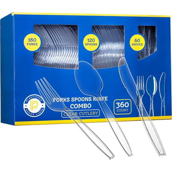 PLASTICPRO Clear Heavyweight Plastic Silverware Disposable Cutlery Set with Forks, Spoons & Knives, 360-Pack