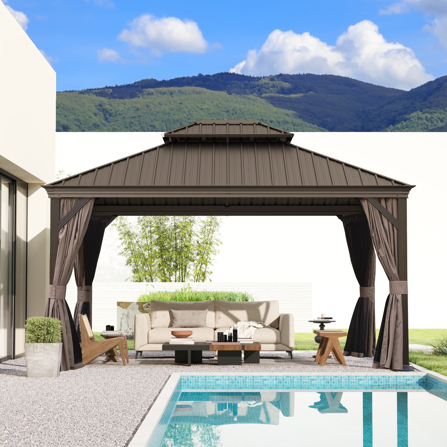 Domi 10' X 12' Permanent Gazebo Pavilion, Metal Hardtop Gazebo with Galvanized Steel Double Roof Canopy, Built-in Drainage Gutter, Curtain and Netting，Brown