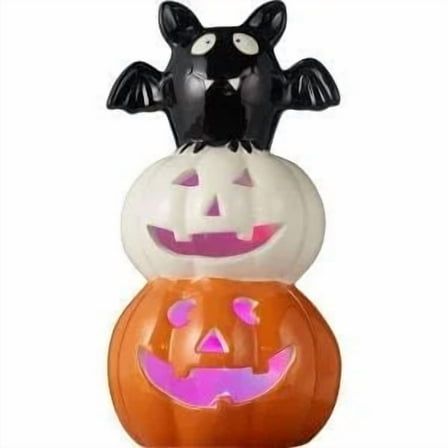 Spooky Village Light-Up Stacked Ceramic Pumpkins with Bat – Halloween Decor
