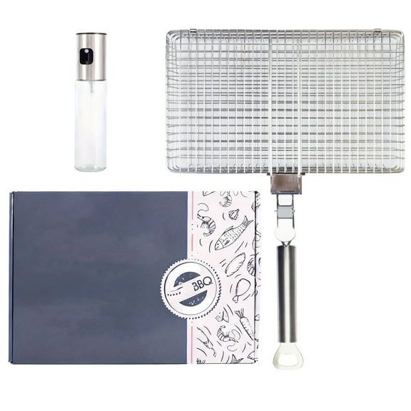 Grilling Basket for Outdoor Grill, 11.8 x 8.3 in Stainless Steel Barbeque Basket with Removable Handle, Oil Bottle, Latch Design, Perfect Gift for BBQ, Silver