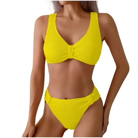 2025 Women s Twist Front Bathing Suit Textured High Waisted Summer Swimsuit Bikini Set Solid Color Cheeky Swimwear