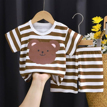 

Geire Boys Girls Summer Clothing Set Striped Cartoon Printed Comfy Cotton Short Sleeve Crewneck Shirts Top & Matching Elastic Waist Shorts Set Size 3 Months-6 Years