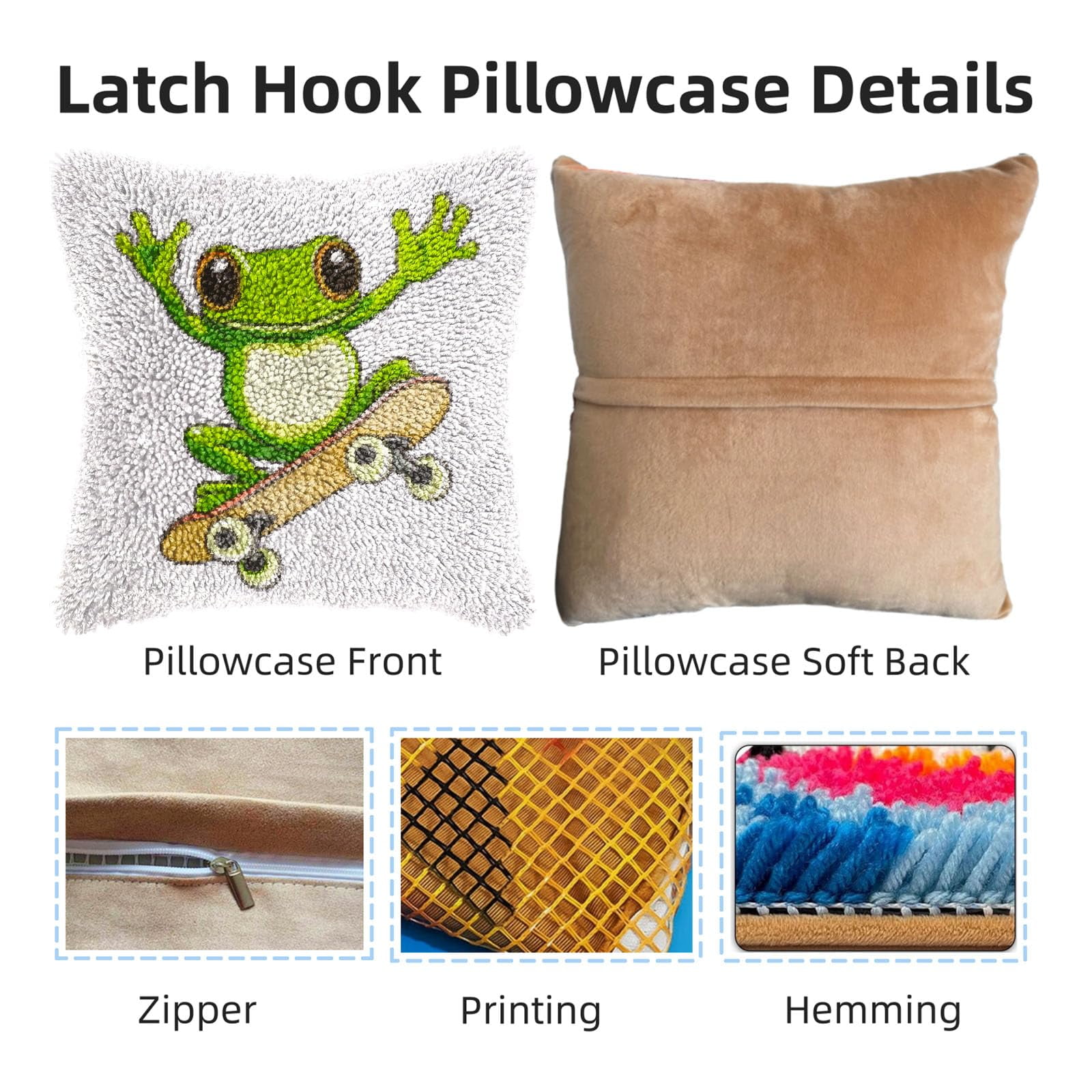 DIY Latch Hook Pillow Kits Cute Cartoon Green Frog Riding on Skateboard Printed Pillowcase Crochet Yarns Hooking Handmade Pillow Cover Cushion for Home Sofa Decoration 17x17inch-1