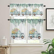 Easter Kitchen Curtain Valance and Tiers 3 Piece Set,Colorful Eggs Rod Pocket Valances,Blue Farm Truck Privacy Tier Curtains,Watercolor Floral Light Filtering Window Treatment for Bathroom Bedroom