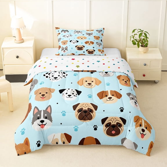 Homewish Kawaii Pet Dog Twin Comforter Sets,Cute Animal Al Bedding Set,Blue,Polkadot Reversible,2pcs,1 Comforter and 1 Pillowcase