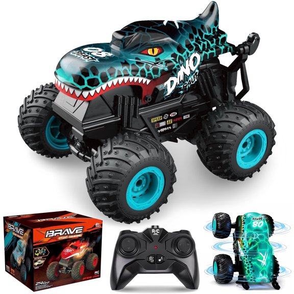 YCFUN RC Monster Truck Toys for Kids, 360° Stunt Remote Control Cars with LED and Music, Dinosaur Toy RC Car for Kids Boys Ages 3-12 (Blue)