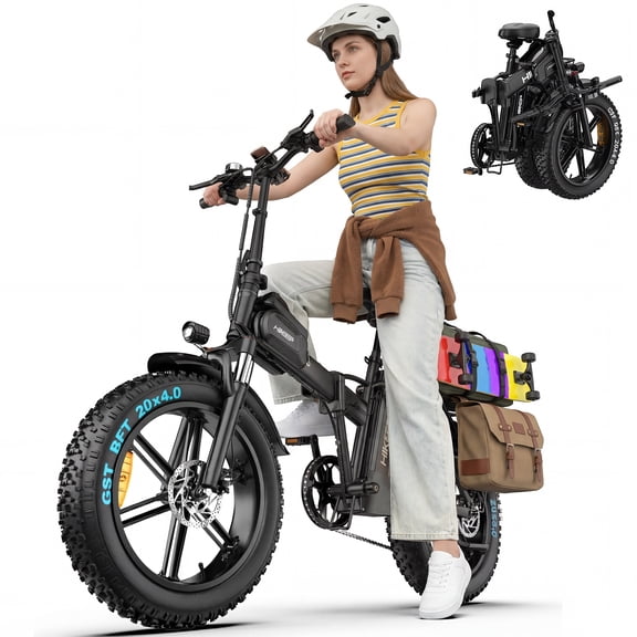 1500W Peak Folding Electric Bike for Adults, 48V 25Ah UL 2849 Certified Battery, 20x4 Fat Tire E-Mountain Bicycle, Shimano 7-Speed, Rear Rack, Up to 30MPH, Black