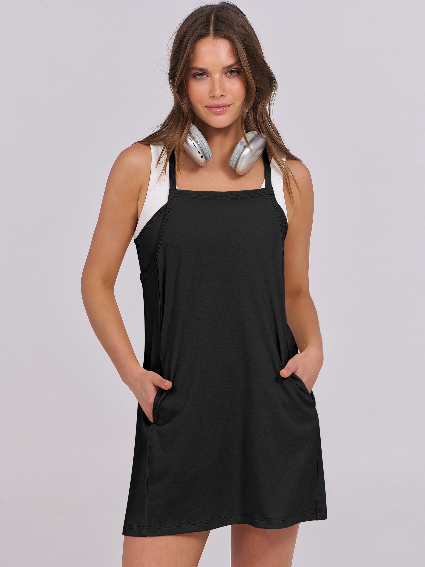 ANRABESS Women's Athletic Dress with Built in Shorts Spaghetti Strap Mini Romper Dress with Pockets, Summer Tennis Workout Dress