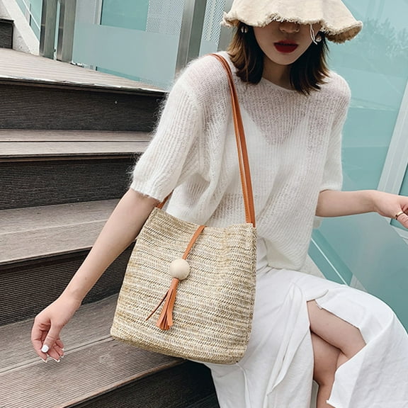 LULULION 1Set Storage Beach Tote Bag Straw Woven for Women in Brown