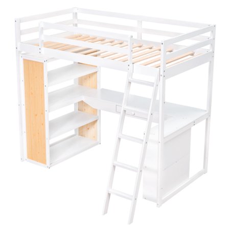 SNNROO Twin Size Loft Bed with Ladder  Shelves  and Desk
