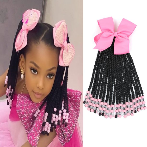 Extensión de cola de caballo para niños con cuentas trenzas extensiones de cabello para niños cuentas de pony postizos sintéticos con lazos protector fácil peinado de moda para bebés niñas niños peque
