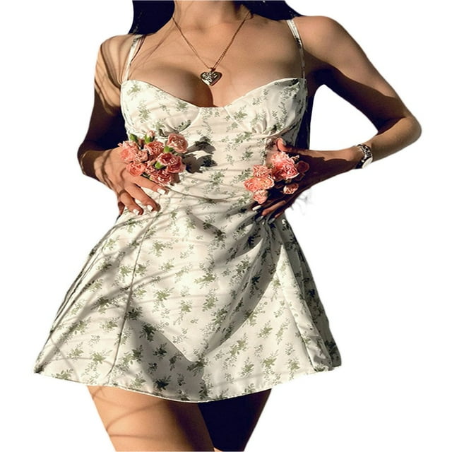 Solid Color/Floral Printed Sleeveless Low-Cut Slim-Fit Sling Dress Casual Simple Sweet One-Piece Clothes