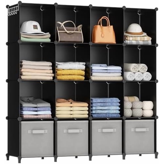 Closet Organizers and Storage, 16 Cube Storage Organizer, Closet Organizer Bookshelf Cubes Shelves for Clothes, Bedroom, Kids Room, Bathroom, Wardrobe, Garment Racks, Black