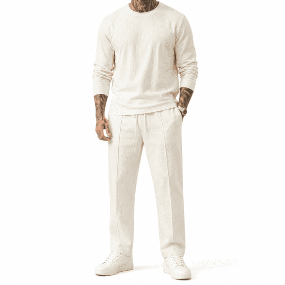 Dpjklzsn Men's Linen Shirt and Pants Set, Long Sleeve Crewneck Resort Outfit with Drawstring Pants