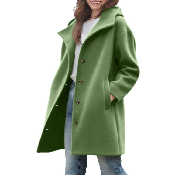 Yokua Women's Windproof Hooded Coat Medium Length Single Breasted Loose Fit Outerwear
