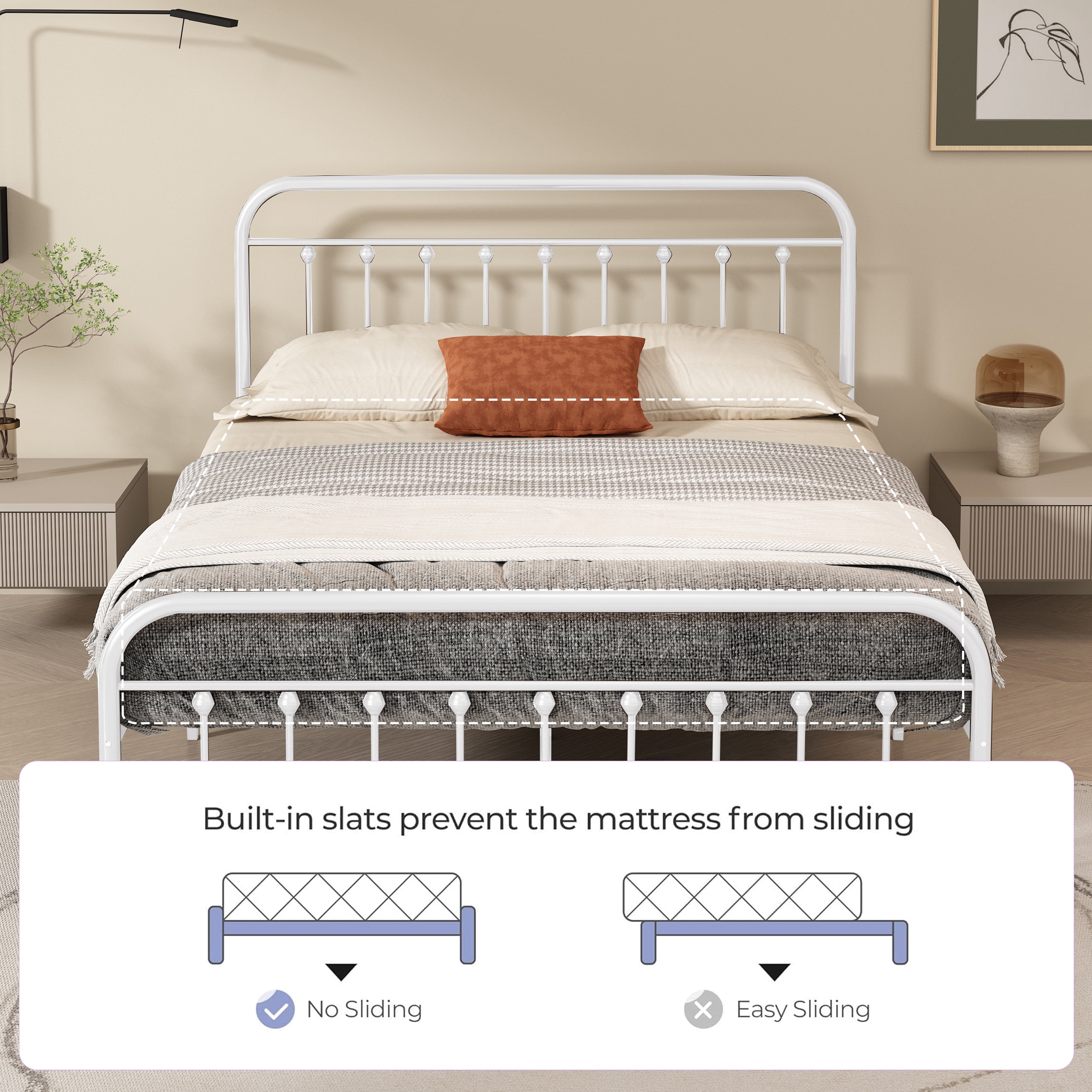 Heavy Duty Metal  Queen Bed Frame White, Noise-Free Platform Bed Frame, No Box Spring Needed, Easy Assembly with Underbed Storage