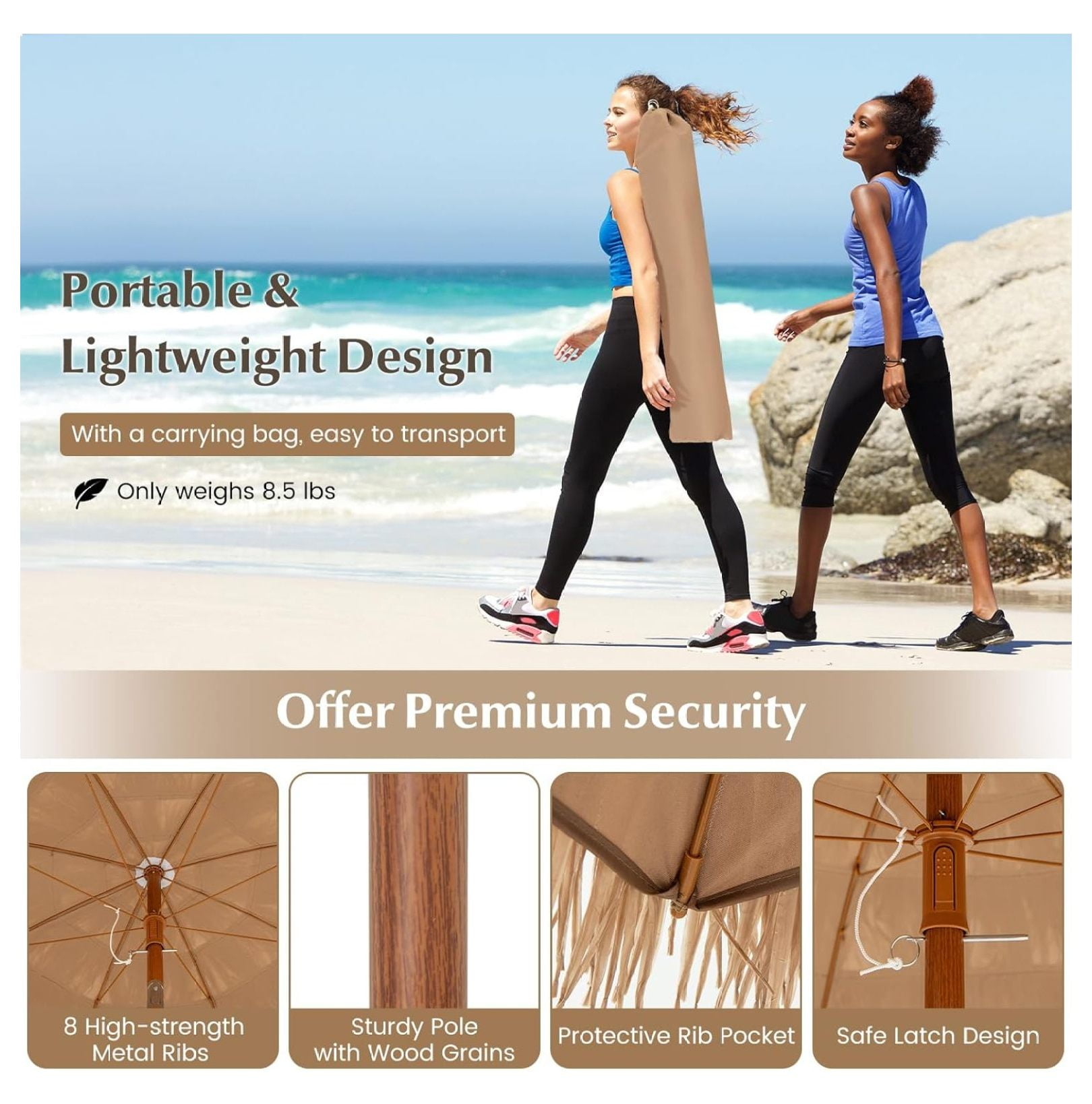 6.5FT Tiki Patio Umbrella with Base - Hawaiian Style Tilt Beach Umbrella w/8 Ribs, Foldable Stand, Carry Bag, Tropical Palapa Grass Pool Umbrellas, Hula Thatched Tiki Umbrella Outdoor Patio