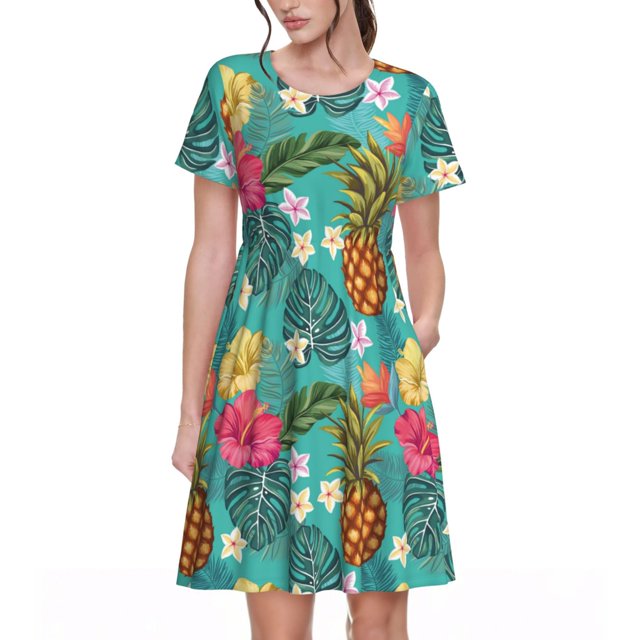 Balery Pineapple Vestidos sueltos de manga corta para mujer, vestidos de verano 2025, vestidos casuales de corte A con vuelo.