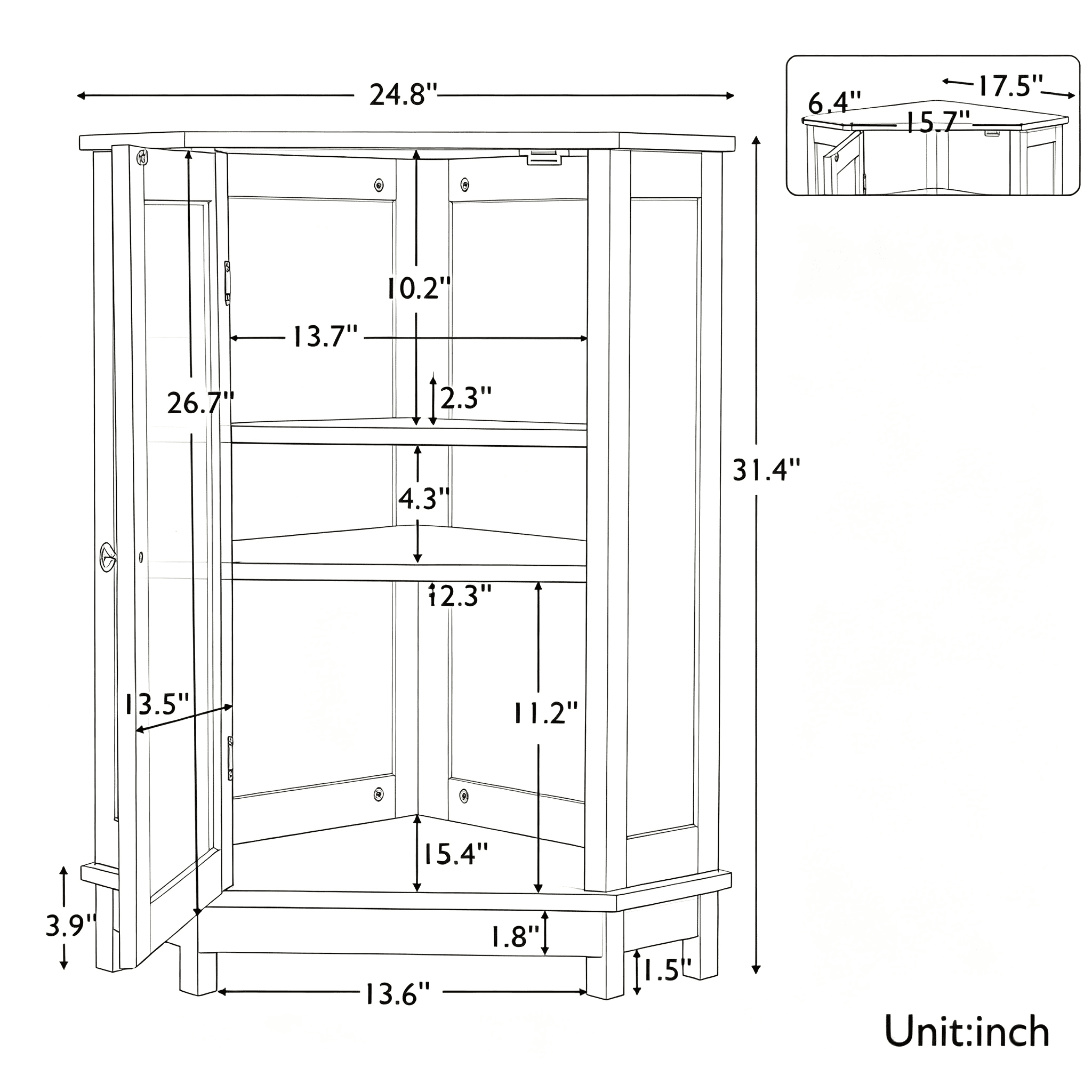 White Triangle Corner Storage Cabinet with Adjustable Shelves, MDF, 24.8 x 17.5 x 31.4 in