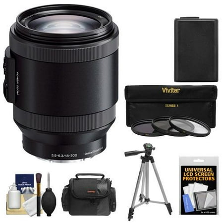 Sony Alpha E-Mount 18-200mm f/3.5-6.3 OSS PZ Lens with Battery + Case + 3 Filters + Tripod Kit for A5100, A6000, A6300 A6500
