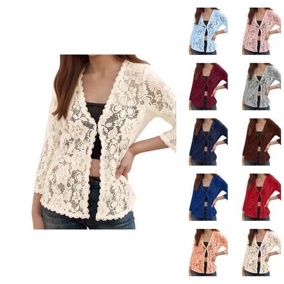 Lace Cardigan for Women 3/4 Sleeve Elegant Hollow out Crochet Lace Open Front Lightweight Bolero Shrugs Summer Fall Clothes