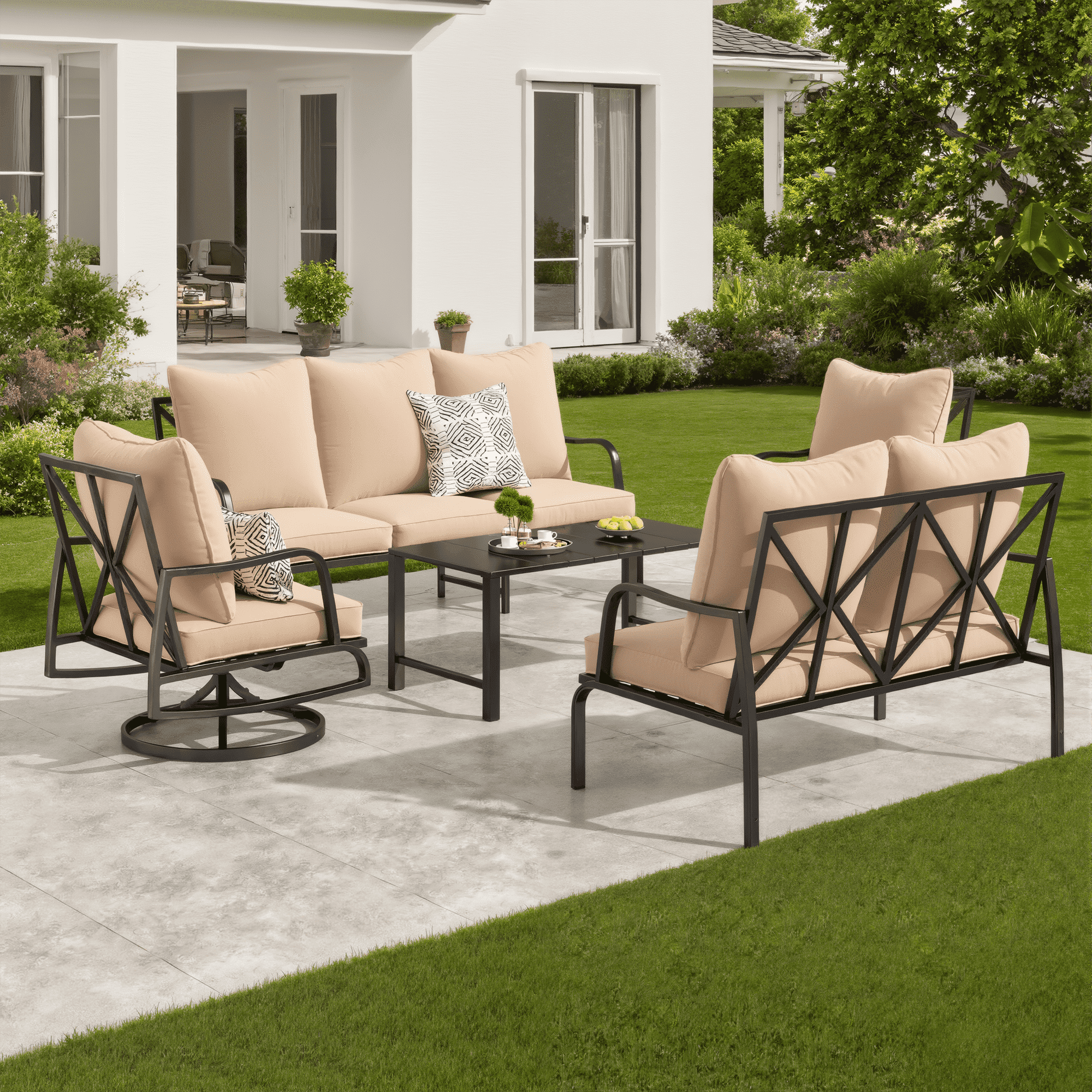 MAYEERTY 5-Piece Metal Frame Outdoor Patio Set with Swivel Chairs, 3-Seater Sofa, Loveseat and Coffee Table