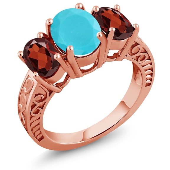 Gem Stone King 3.50 Ct Oval Green Turquoise Red Garnet 18K Rose Gold Plated Silver Ring (Size 8)