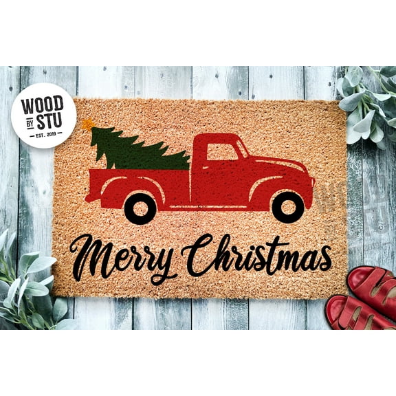 Merry Christmas Tree Antique Pickup Truck | Christmas Doormat | Welcome Mat | Holiday Doormat | Winter Decor | Christmas Gift