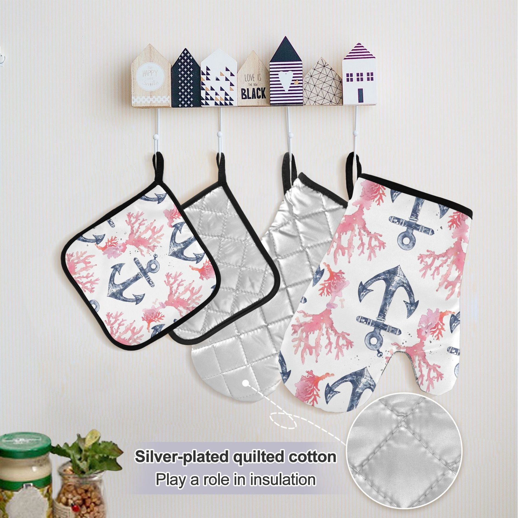 5 Pcs Kitchen Set Heat Resistant Oven Mitts and Non-Slip Pot Holders with Adjustable Cooking Apron Anchor and Coral