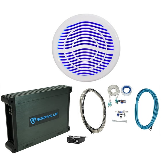 Rockville MS12LW 12" 2800w White Marine/Boat 10" LED Free Air Subwoofer Mono Amp Wire Kit