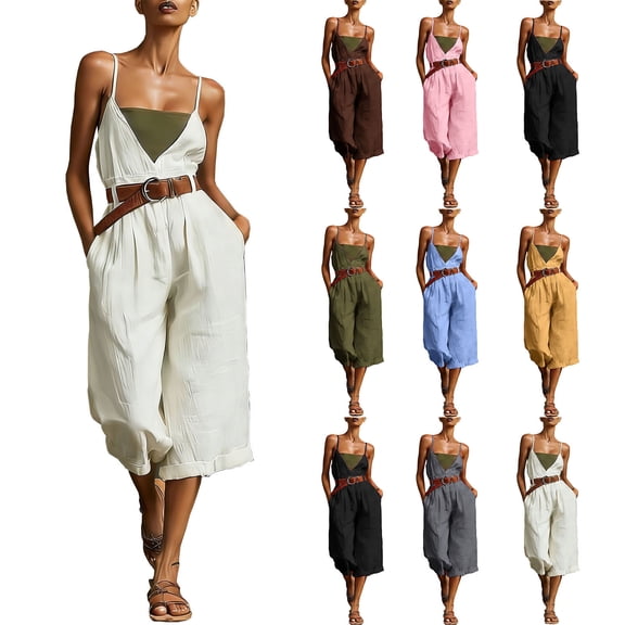 Purcolt Overalls for Women Dressy Casual Square Neck Spaghetti Strap Wide Leg Cropped Baggy Jumpsuit Lightweight Loose Fit Rompers with Pockets, No Belt