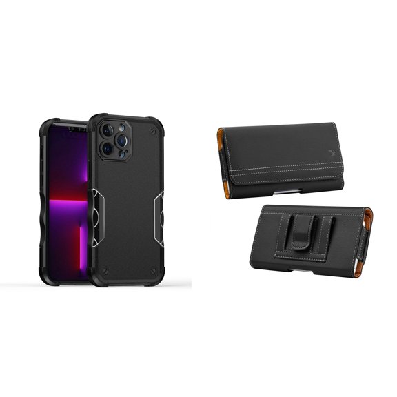 Case with Belt Holster Bundle for iPhone 14: Slim EX Hybrid Series Shockproof Case (Black) and PU Leather Magnetic Phone Pouch