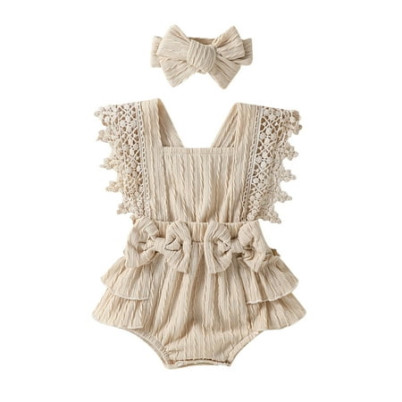 

Niceyoeuk Girl Summer Jumpsuit Lace Sleeves Square Neck Romper Headband