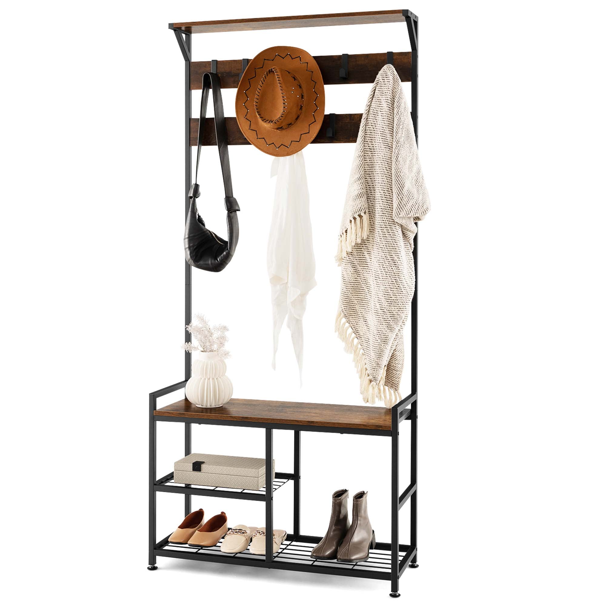 Perchero Con Banco Para Entrada | Diseño Industrial Padre-Hijo | Organizador De Abrigos Y Zapatos - MDF Y Metal