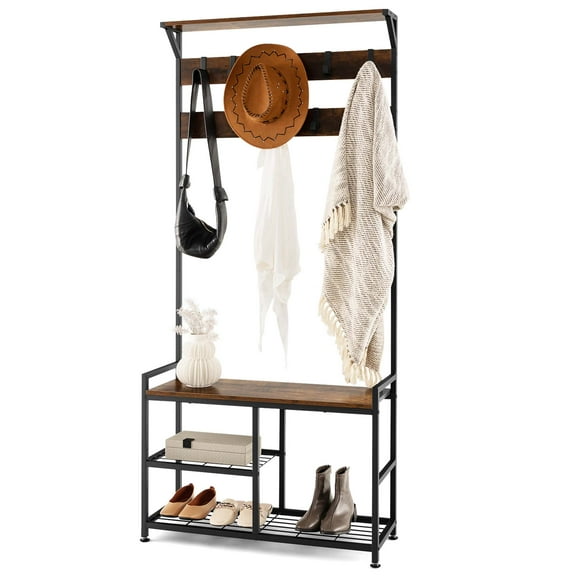 Costway 3-in-1 Coat Rack Industrial Hall Tree Shoe Bench Entryway Storage Shelf with Hooks