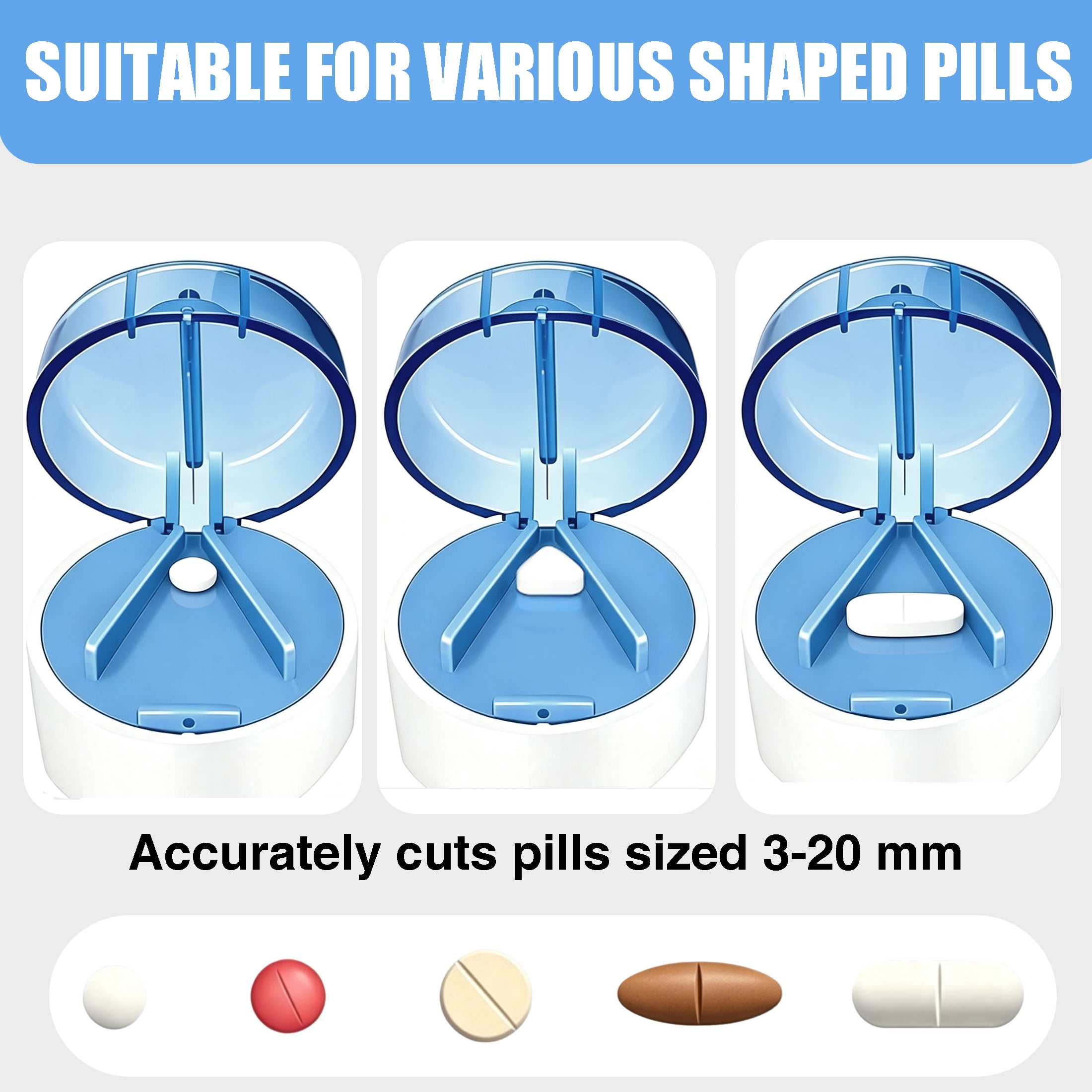 3‑in‑1 Pill Crusher and Pill Cutter, Portable Pill Grinder, Stainless Steel Grinder, Multifunctional Medicine Splitter with Pill Storage Container, Blue