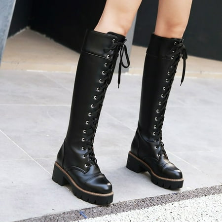 

TUTUnaumb Autumn & Winter Hot Sale Clearance Women Warm Boots Square Heels Shoes Lace-Up Casual Long Fashion Booties Boots and Shoes-Black