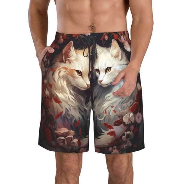 Balery Flower Cat Couple Traje de Baño Estilo Hawaiano para Hombre, Shorts de Secado Rápido con Bolsillos-3X-Large