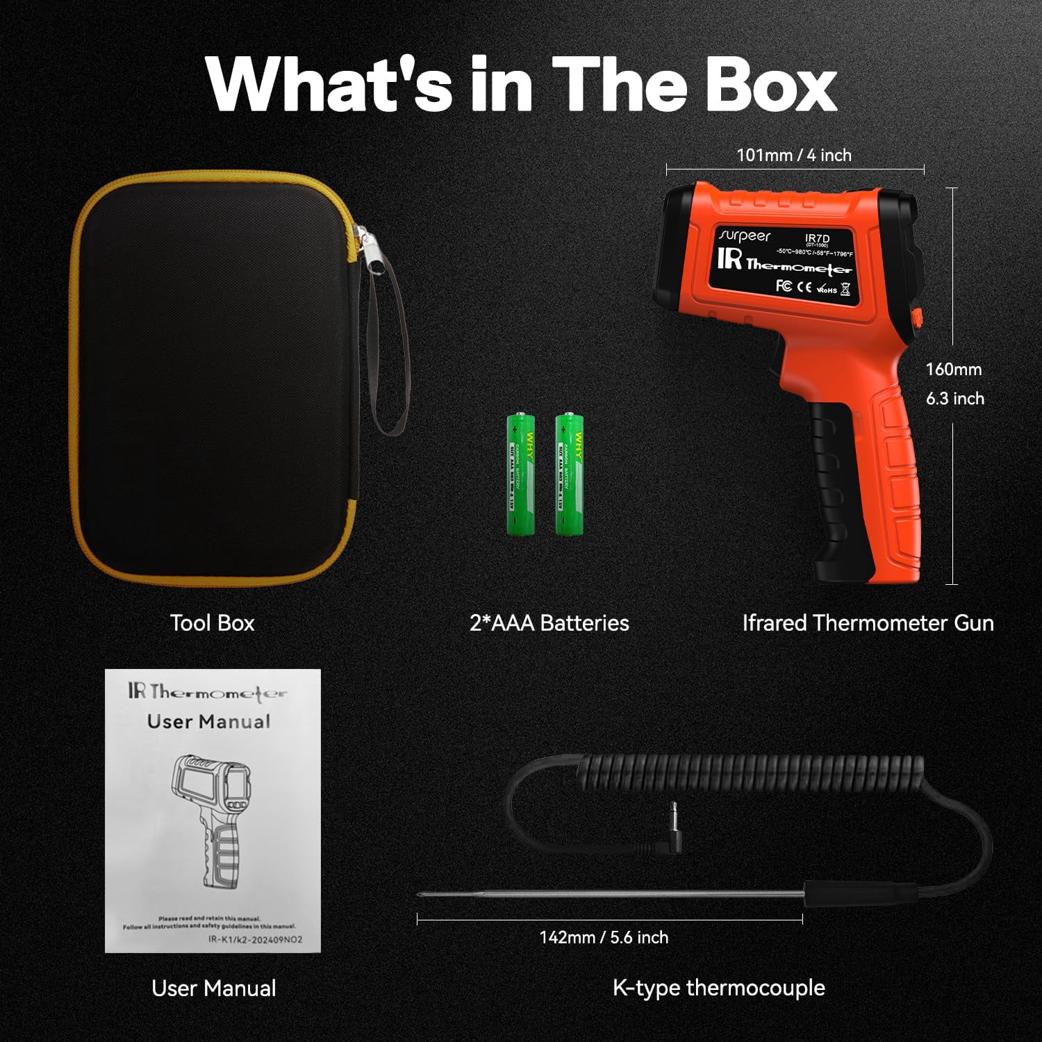 -58°F to 1796°F Infrared Thermometer Gun 16:1 with K-Type Probe，Humidity Display，Industrial & Home